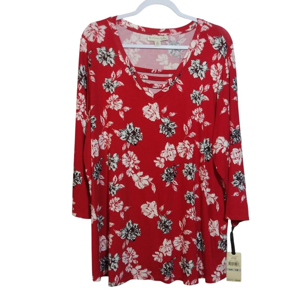Emaline Floral Red Women's Top 3/4 Sleeves Stretchy Size 1X